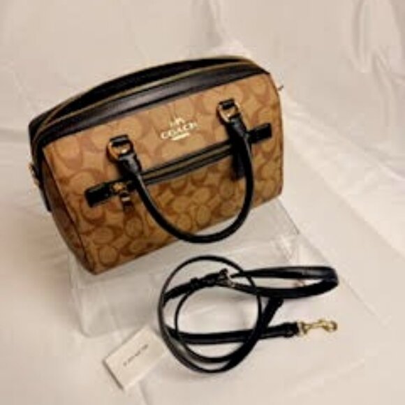 COACH AUTHENTICATED Rowan Satchel Signature Canvas Brown/Black Crossbody NWT Tag - Picture 4 of 10